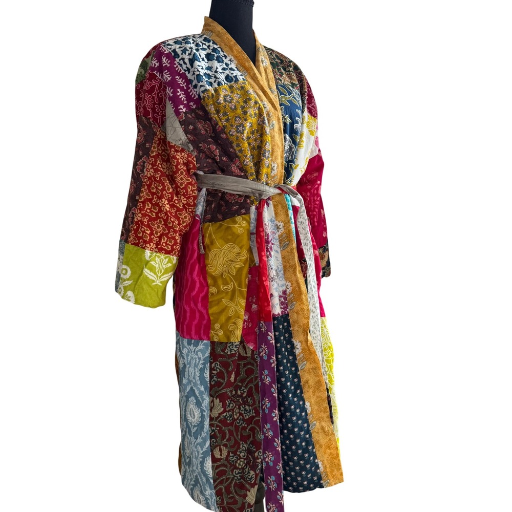 Boho Patchwork Faux Fur Lined Robe Jacket Kimono Coat Made In India Belted md/lg